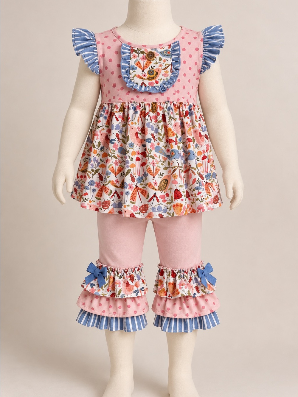 Marie Nicole Clothing Girls 4T Floral Bird Ruffle Capri Pants Tunic Outfit Set